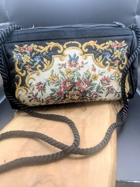 Magid Black Floral Tapestry Wristlet with Gold Accents